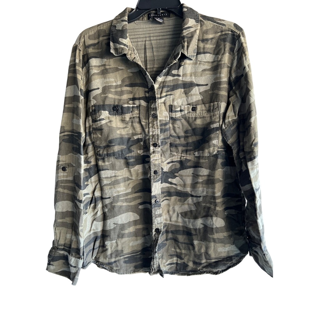 Sanctuary Camo Roll Tab Sleeve Boyfriend Shirt Button Up Womens Size M